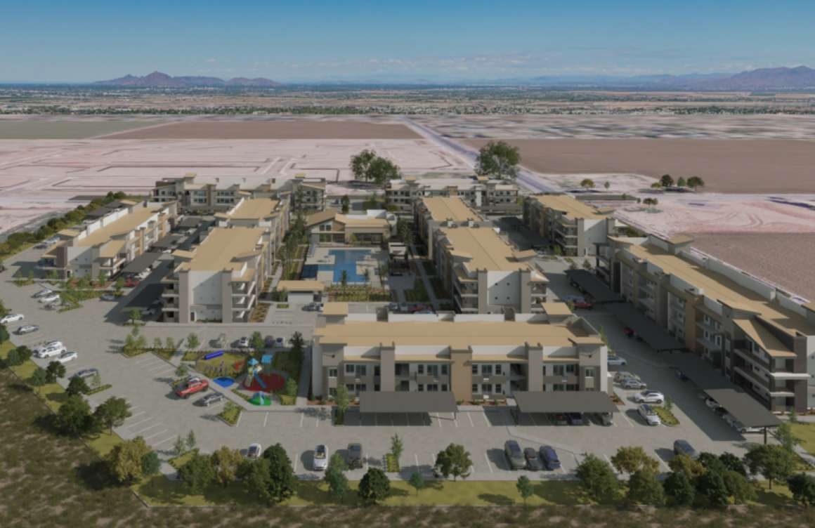 Aerial render of a multifamily community supplied as a full window and shade package